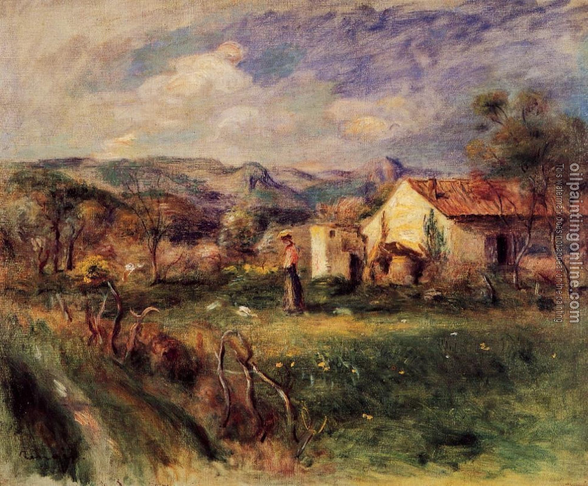 Renoir, Pierre Auguste - Young Woman Standing near a Farmhouse in Milly